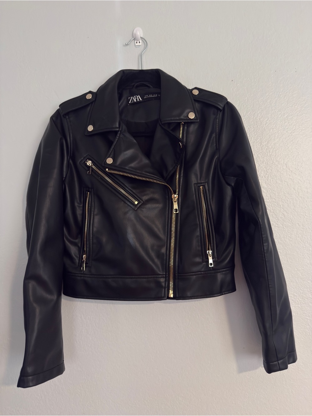 Zara Black Faux Leather Moto Biker Jacket Gold Hardware – Size Small - Picture 2 of 10